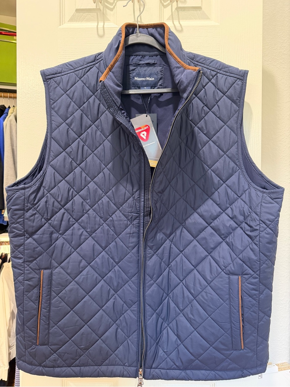 Mizzen+Main Quilted Navy Vest with Brown Trim